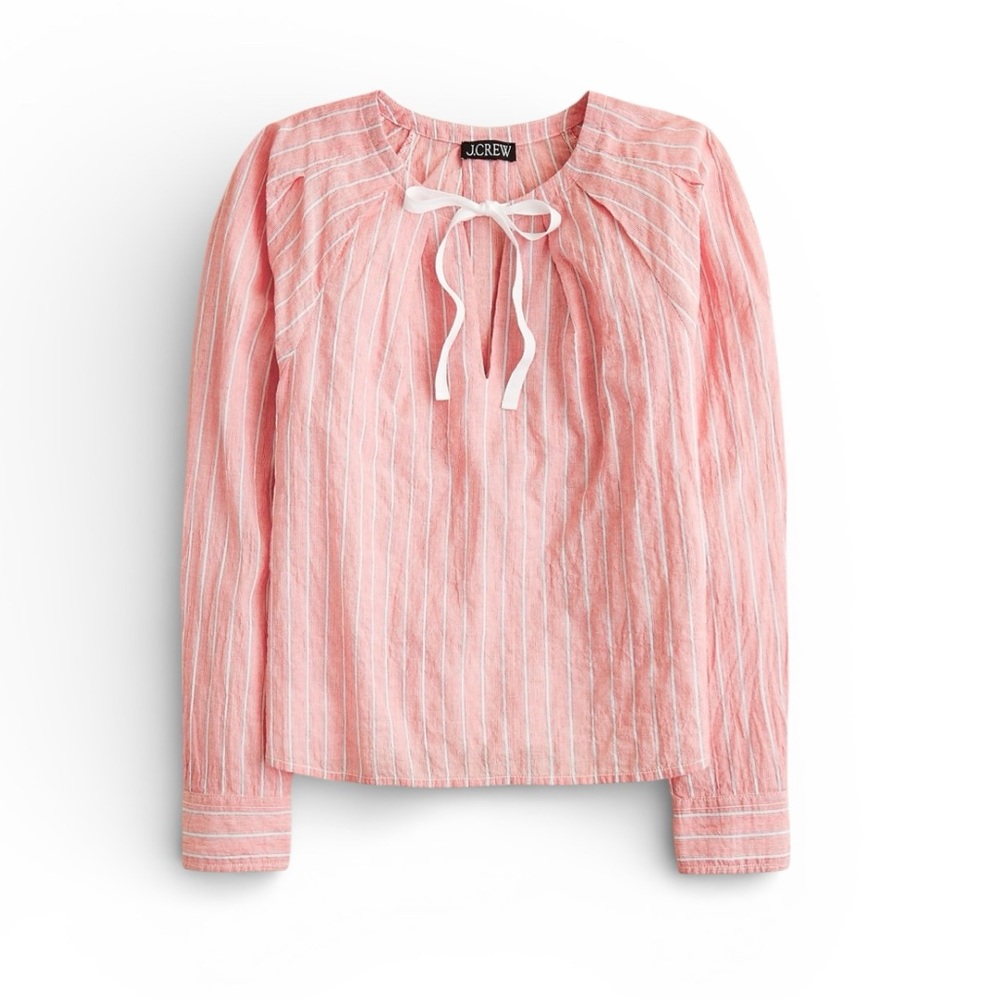 J. Crew Tie Neck Top in Striped Crinkle Cotton Top Size S Pink White Popover NWT